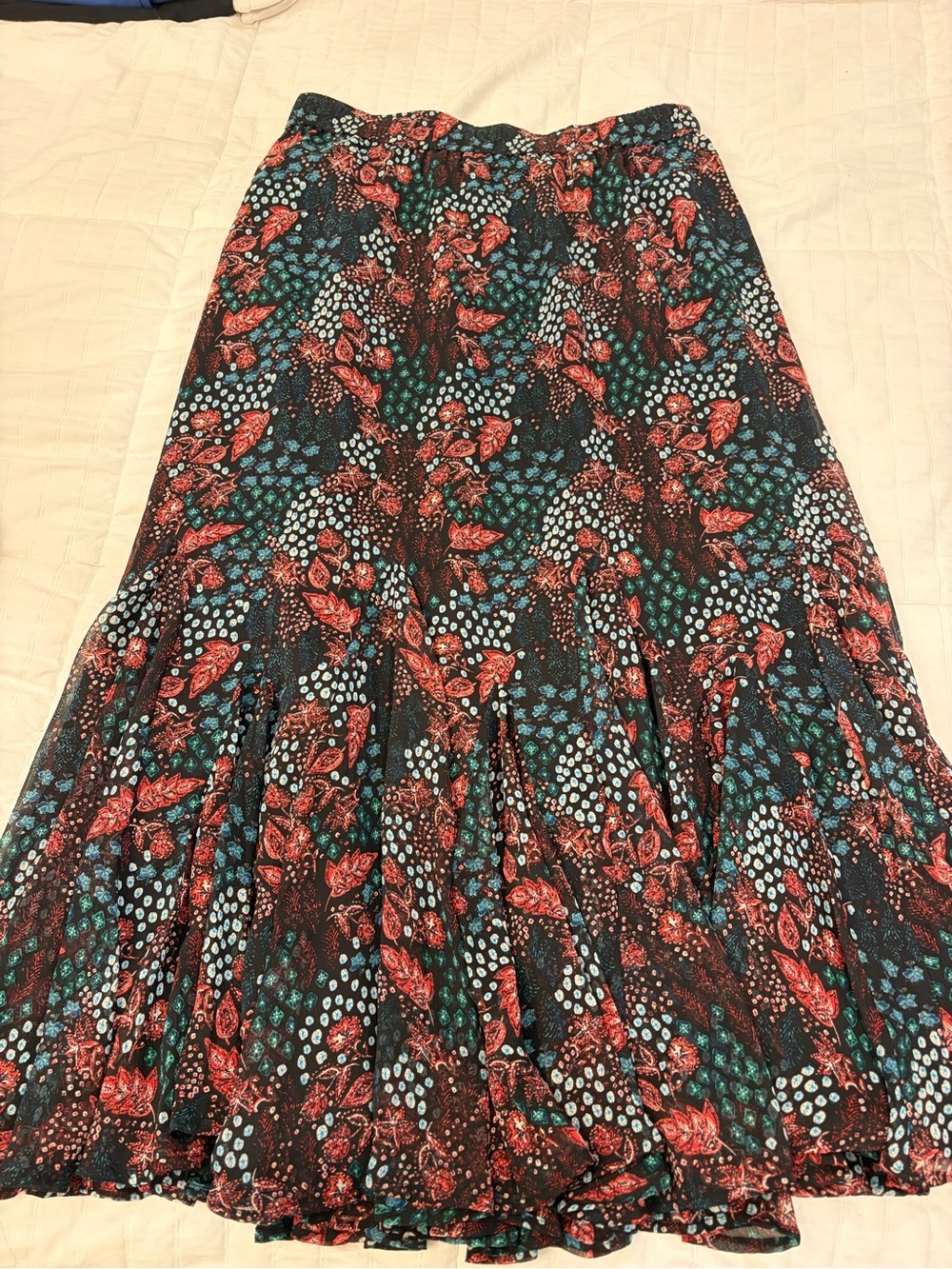 LOFT Black Maxi Skirt with Red and Teal Floral Print